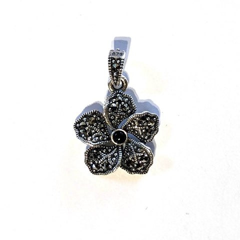 small pendant silver and marcasite 5 petal flower with onyx center