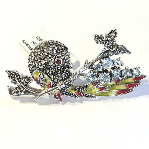 Perched Bird Pin with Enamel and Blue Topaz