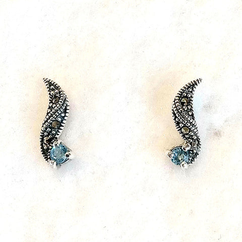 small post earring blue topaz round stone prong set