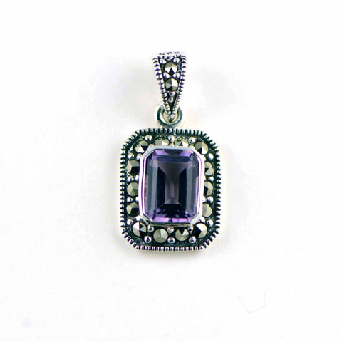 Amethyst rectangle marcasite pendant