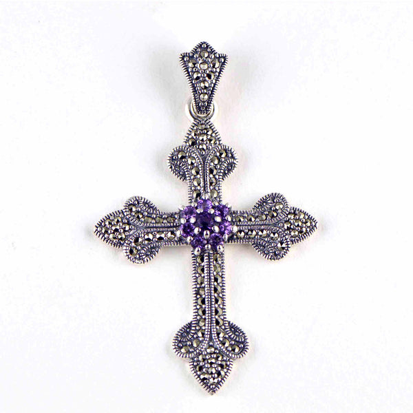 large marcasite cross with amethyst – Mar Silver Jewelry