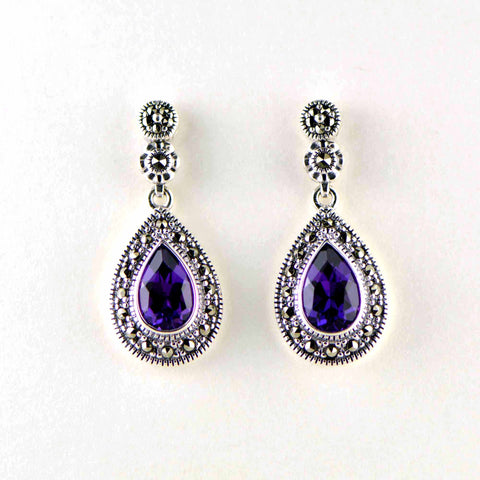 Amethyst teardrop marcasite earrings