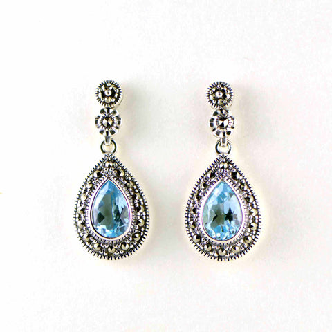 blue topaz teardrop marcasite earrings