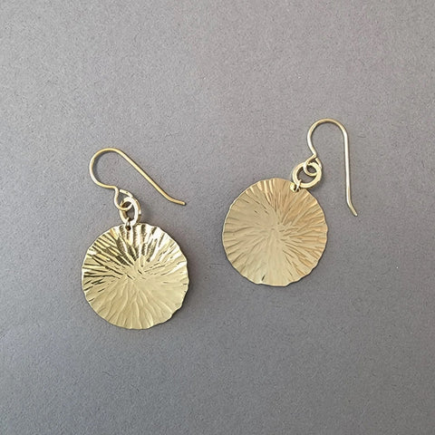 Radial Hammered Disk Gold Fill Dangle Earrings