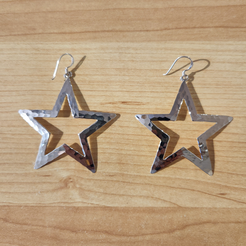 flat hammered star cutout hook earrings in sterling silver
