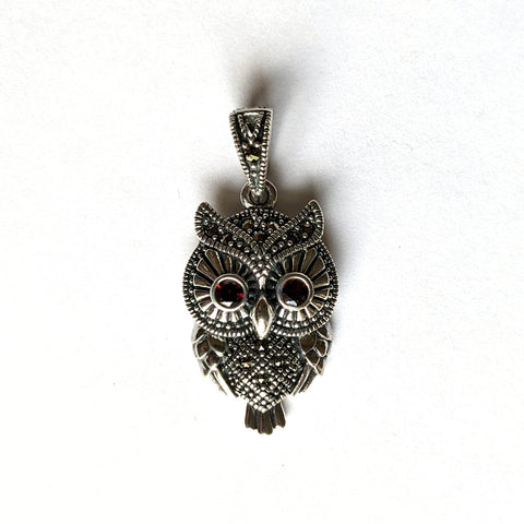 sterling silver and marcasite pendant owl with wide garrnet eyes