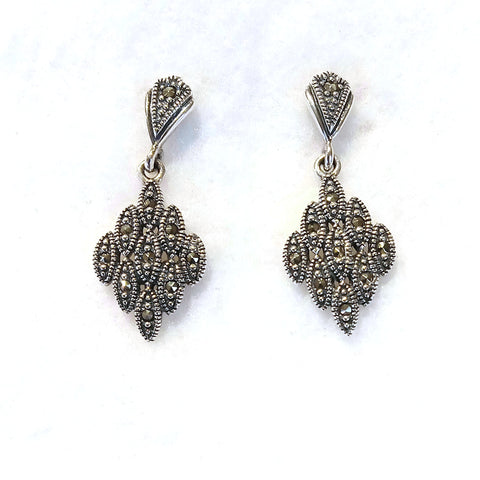 marcasite earrings post with a diamond shape grid pattern hanging off them