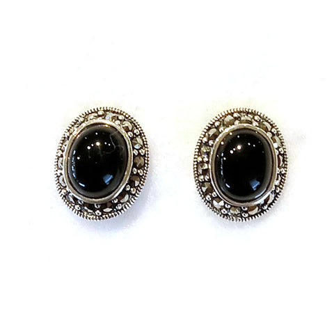 marcasite post earrings bezel set onyx ovals with marcasite stones around them