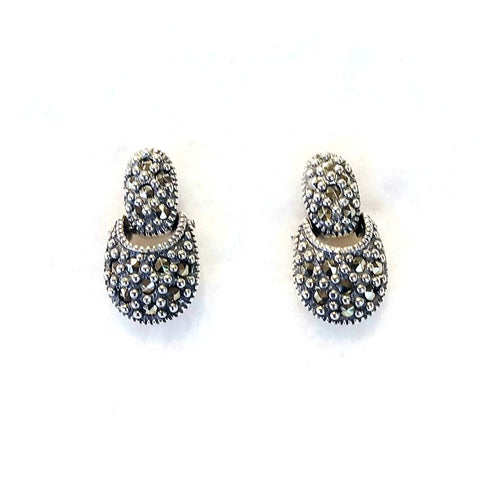 marcasite post earrings small stud with a paddle like piece hanging down resembling a door knocker