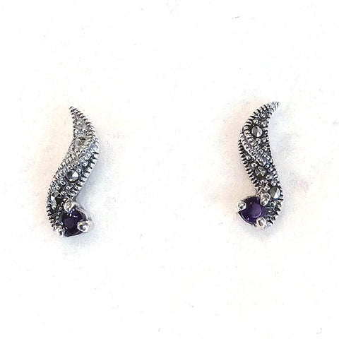 small marcasite earring with prong set round amethyst stone