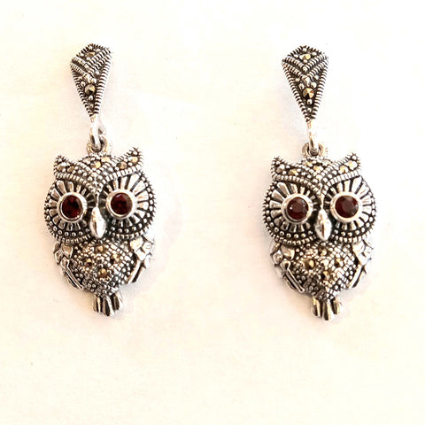 Marcasite and Garnet Owl Earrings