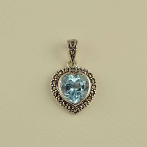 blue topaz heart marcasite pendant