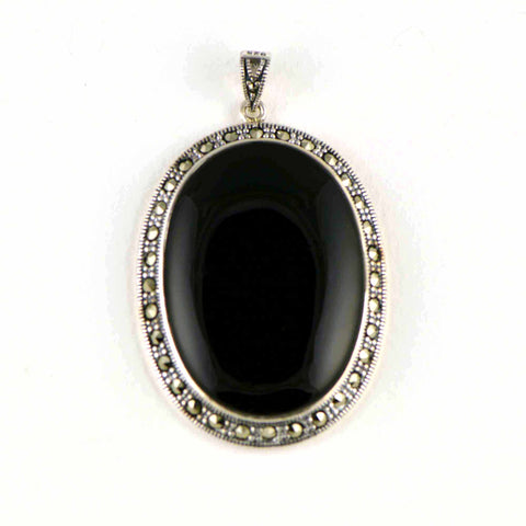 onyx large oval marcasite pendant