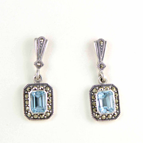 Blue topaz rectangle post marcasite earrings