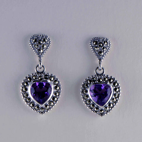 Amethyst heart marcasite earrings