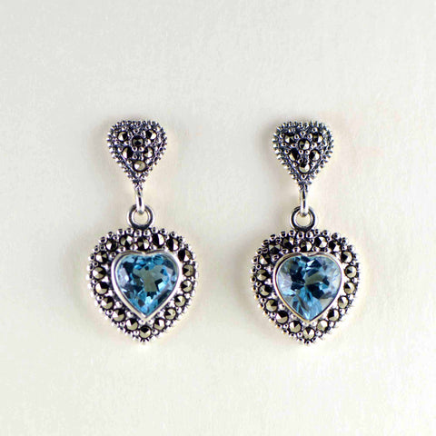blue topaz heart marcasite earrings